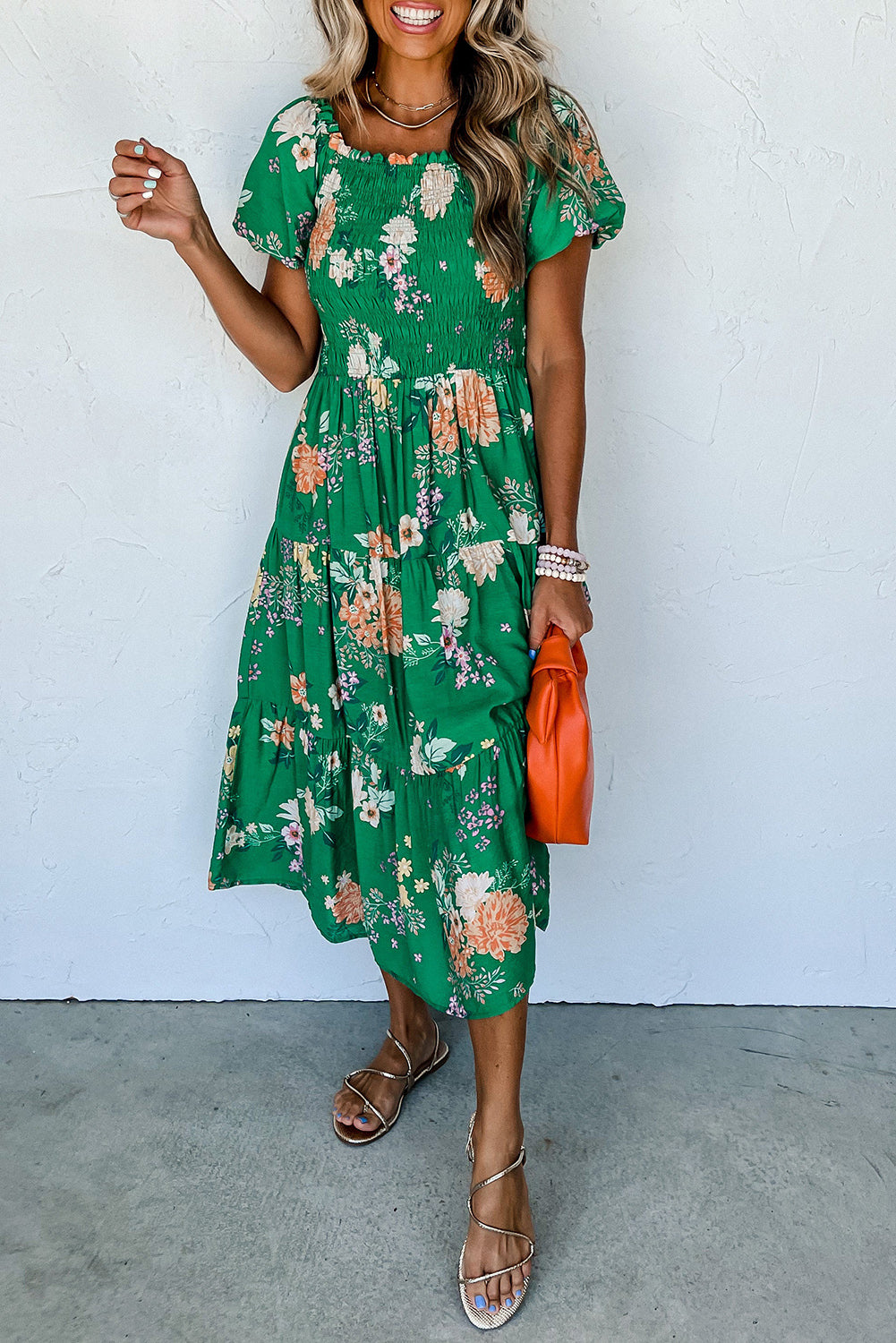 Green Floral Smocked Dress