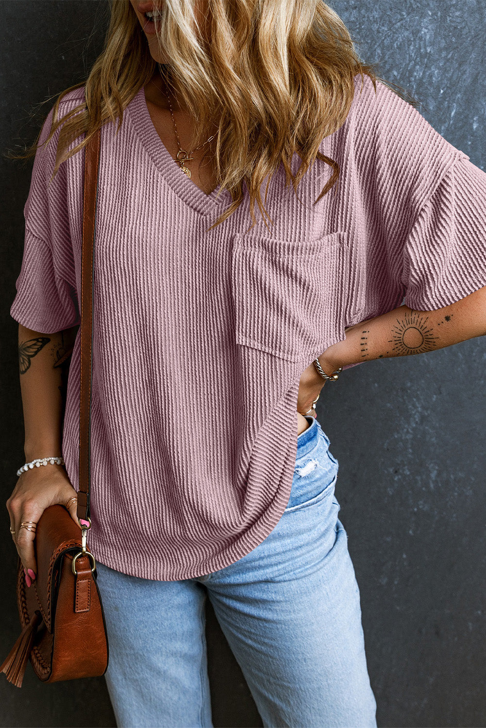 Mauve Ribbed Loose Fit V-neck (PLUS SIZES)