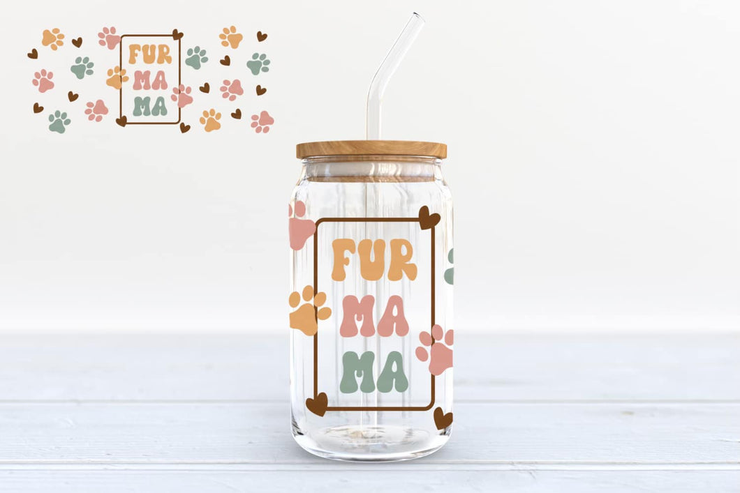 Fur Mama - 16oz glass can w/bamboo lid and straw