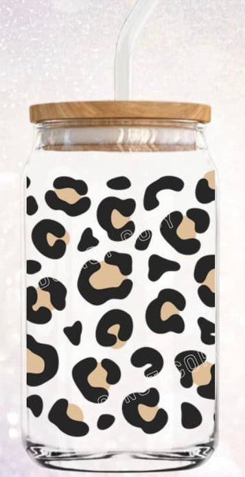 Leopard - 16oz glass can w/bamboo lid and straw