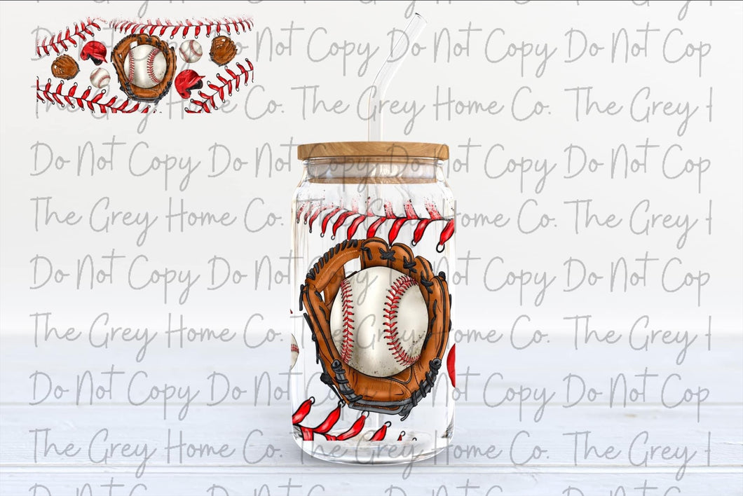 Baseball- 16oz glass can w/bamboo lid and straw